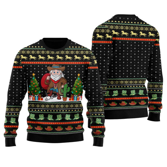 Amazing Cowboy Santa Claus Western Ugly Christmas Sweater Black