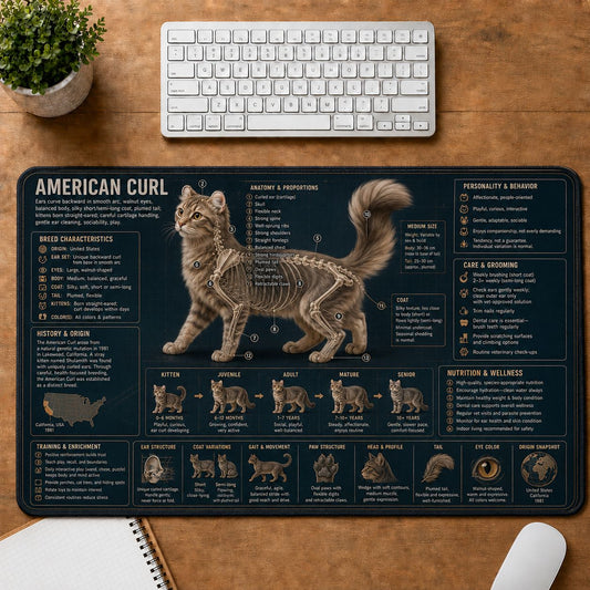 American Curl Cat Breed Desk Mat Anatomy Guide | 5To9Vibe