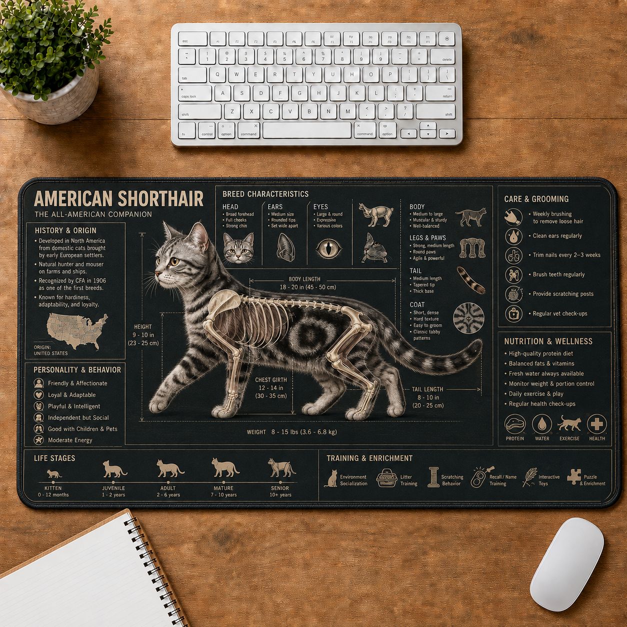 American Shorthair Cat Breed Desk Mat Anatomy Guide | 5To9Vibe