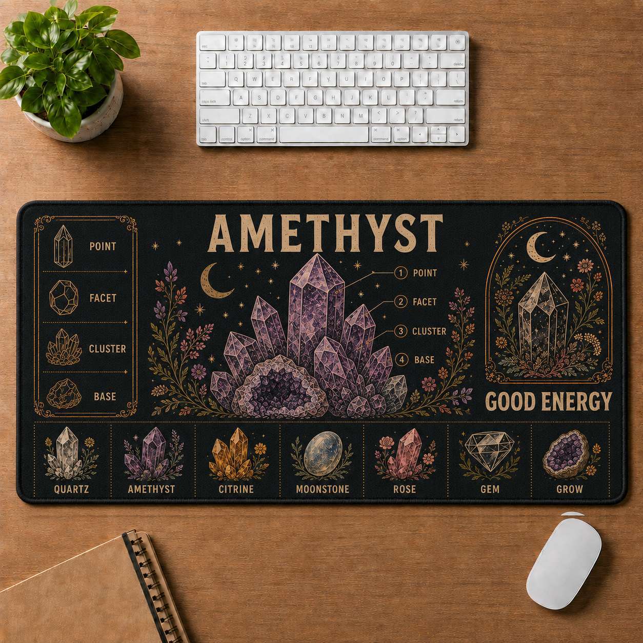 Crystal & Flowers Hippie Desk Mat Mouse Pad | 5To9Vibe - Amethyst style