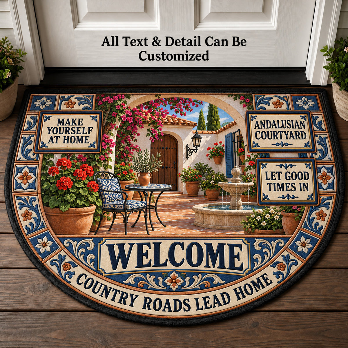 Andalusian Courtyard Personalized Half Round Mat | 5To9Vibe