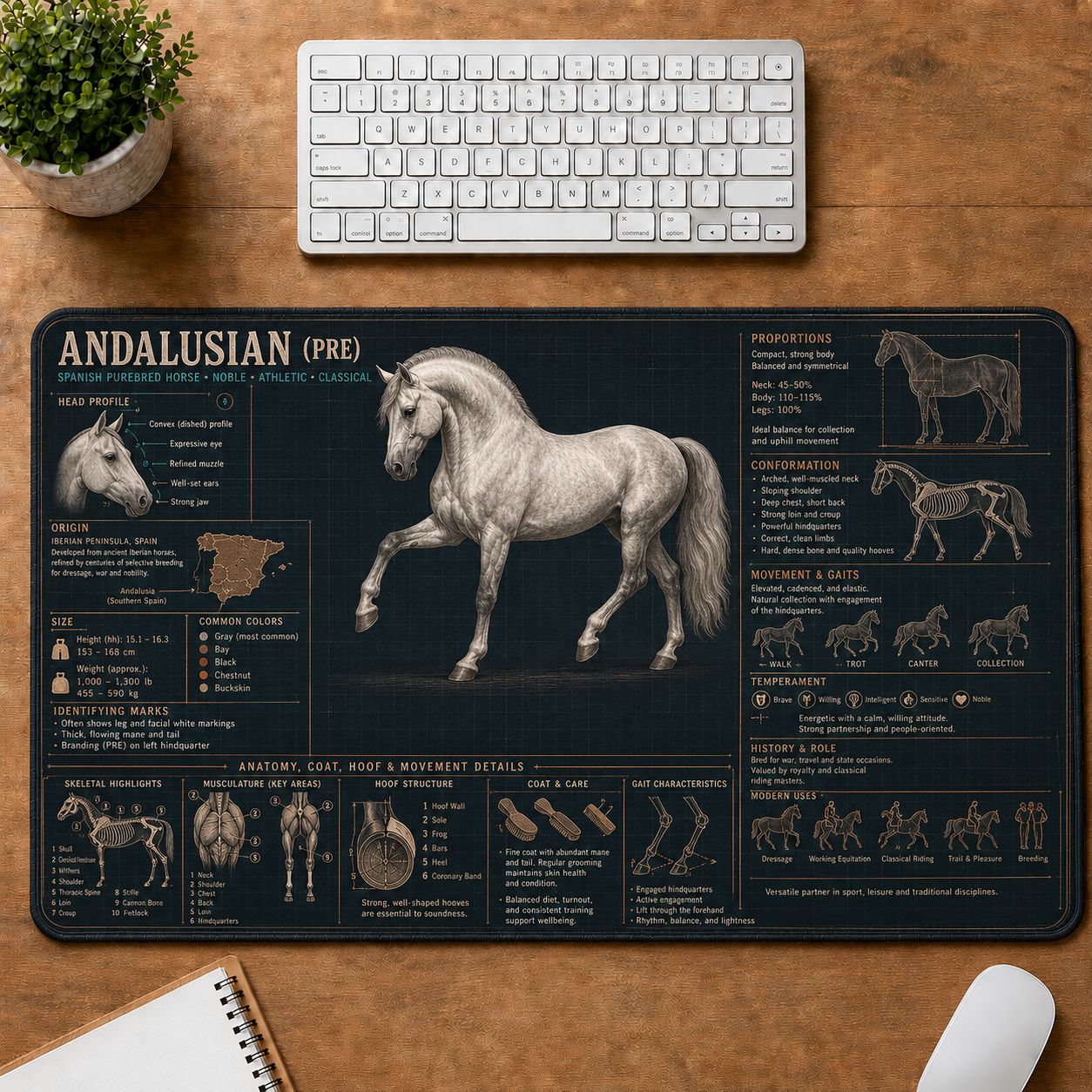 Andalusian PRE Horse Horse and Equestrian Visual Guide Desk Mat | 5To9Vibe
