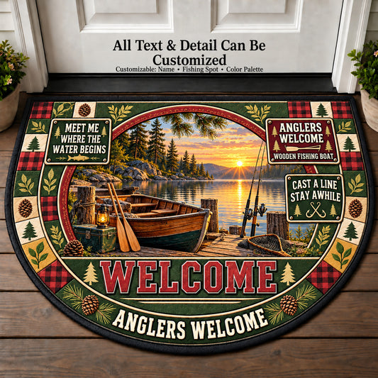 Wooden Fishing Boat - Anglers Welcome Personalized Half Round Mat | 5To9Vibe