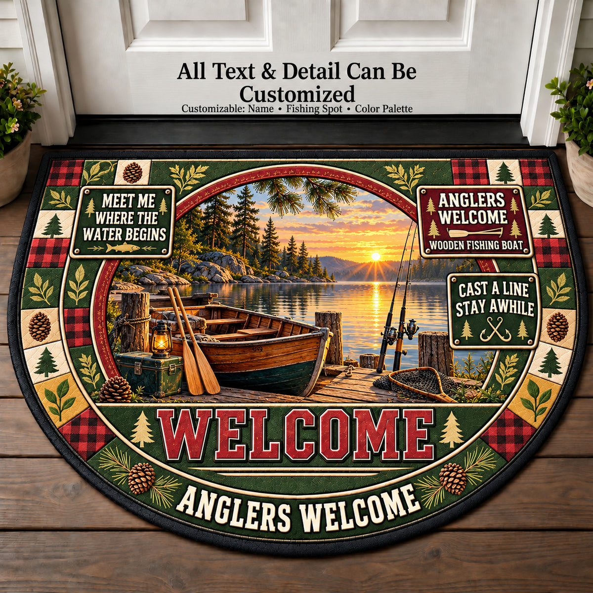 Wooden Fishing Boat - Anglers Welcome Personalized Half Round Mat | 5To9Vibe