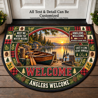 Wooden Fishing Boat - Anglers Welcome Personalized Half Round Mat | 5To9Vibe