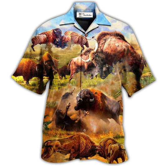 Hawaiian Shirt / Adults / S Bison Animals Bison In Wild Battle To Live - Hawaiian Shirt 