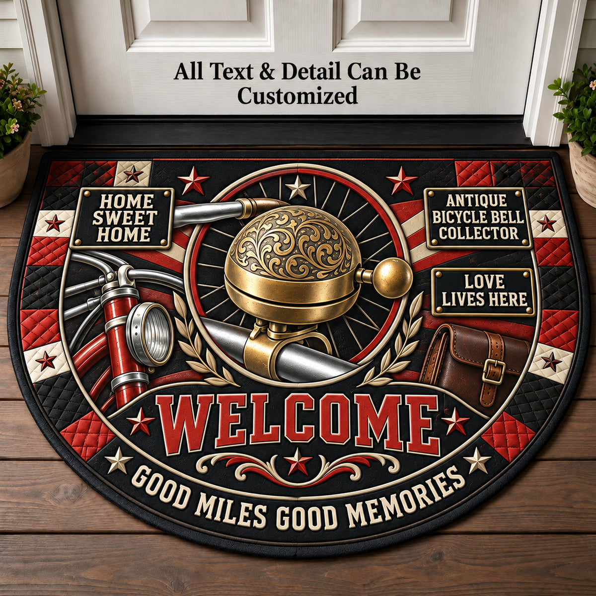 Antique Bicycle Bell Collector Personalized Half Round Mat | 5To9Vibe