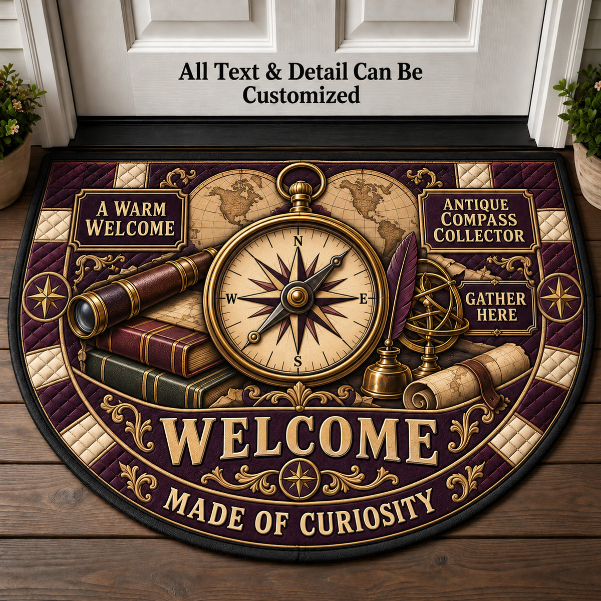 Antique Compass Collector Personalized Half Round Mat | 5To9Vibe