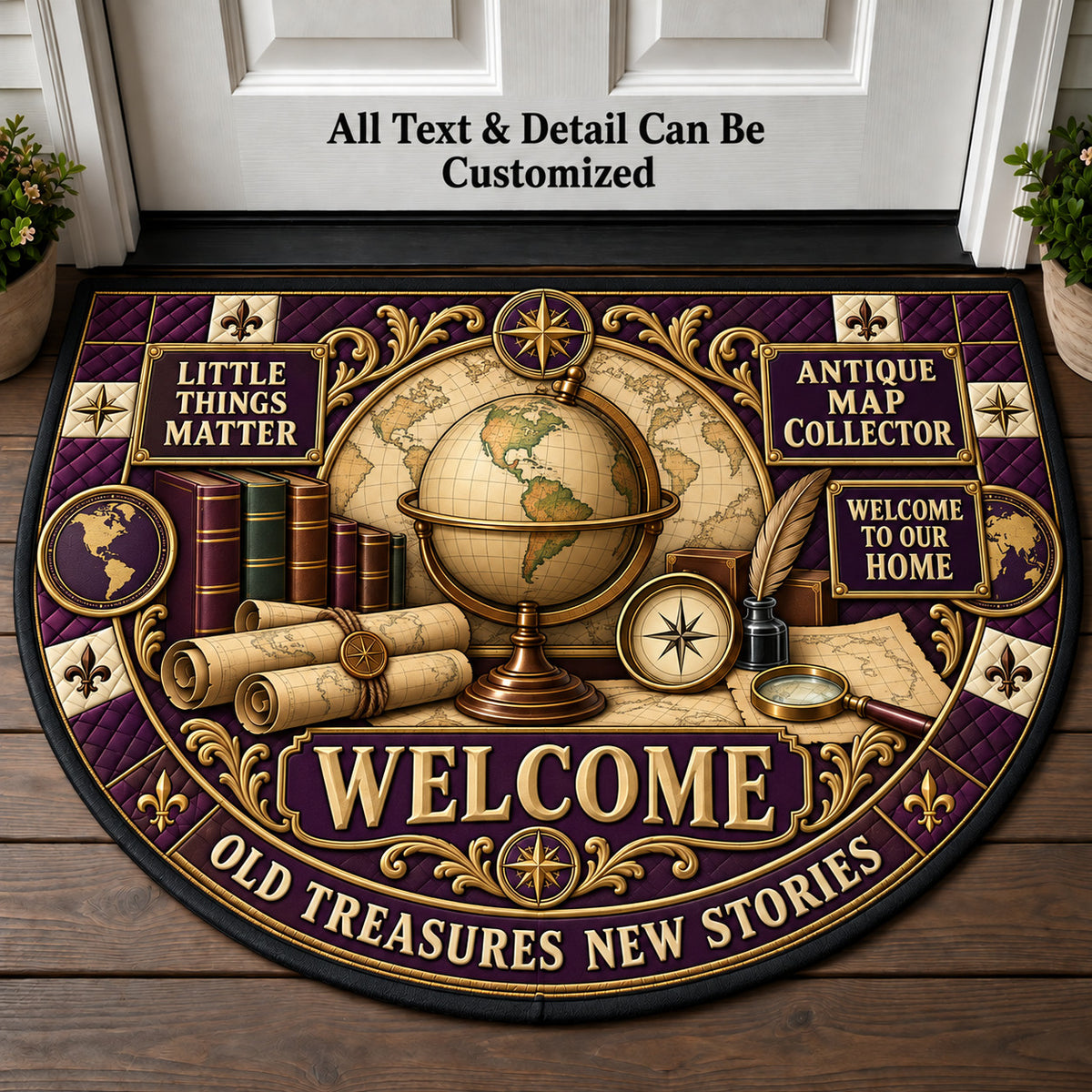 Antique Map Collector Personalized Half Round Mat | 5To9Vibe