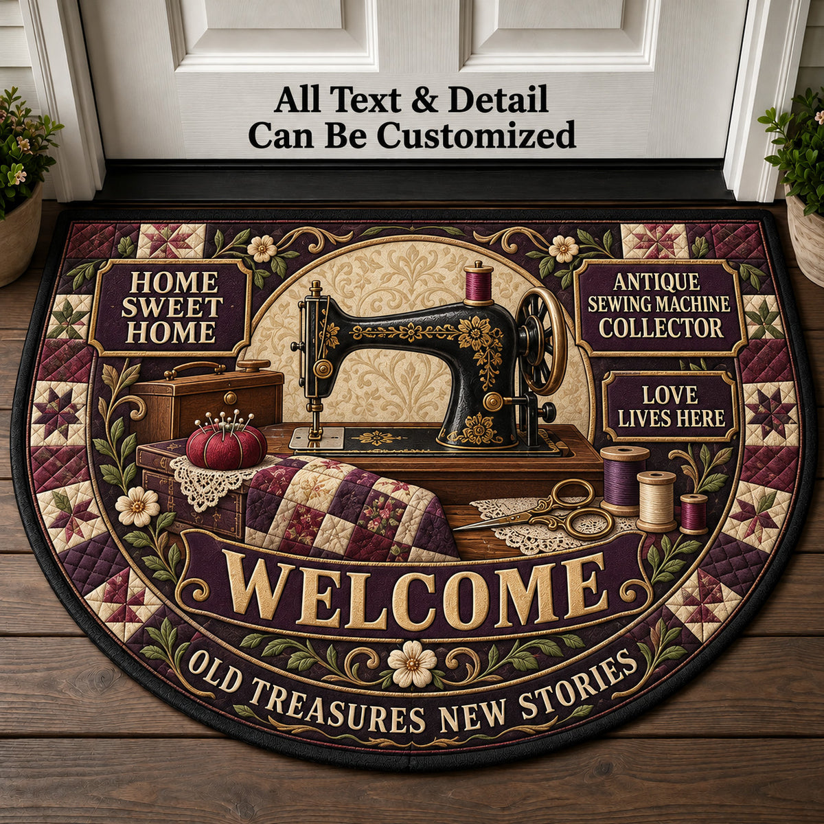 Antique Sewing Machine Collector Personalized Half Round Mat | 5To9Vibe