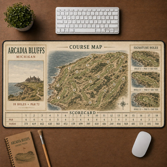 Arcadia Bluffs Vintage Golf Course Map & Scorecard Guide Desk Mat | 5To9Vibe