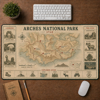 Arches National Park Vintage Topographic Park Map Explorer Guide Desk Mat | 5To9Vibe