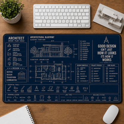Architect Blueprint Large Desk Mat - House Floor Plan & Drafting Tools Plus Size Mouse Pad - 5to9vibe