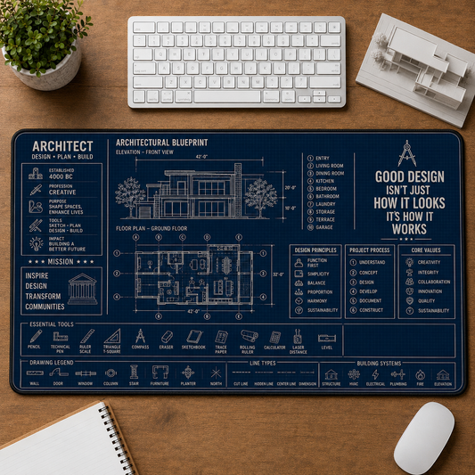 Architect Blueprint Large Desk Mat - House Floor Plan & Drafting Tools Plus Size Mouse Pad - 5to9vibe