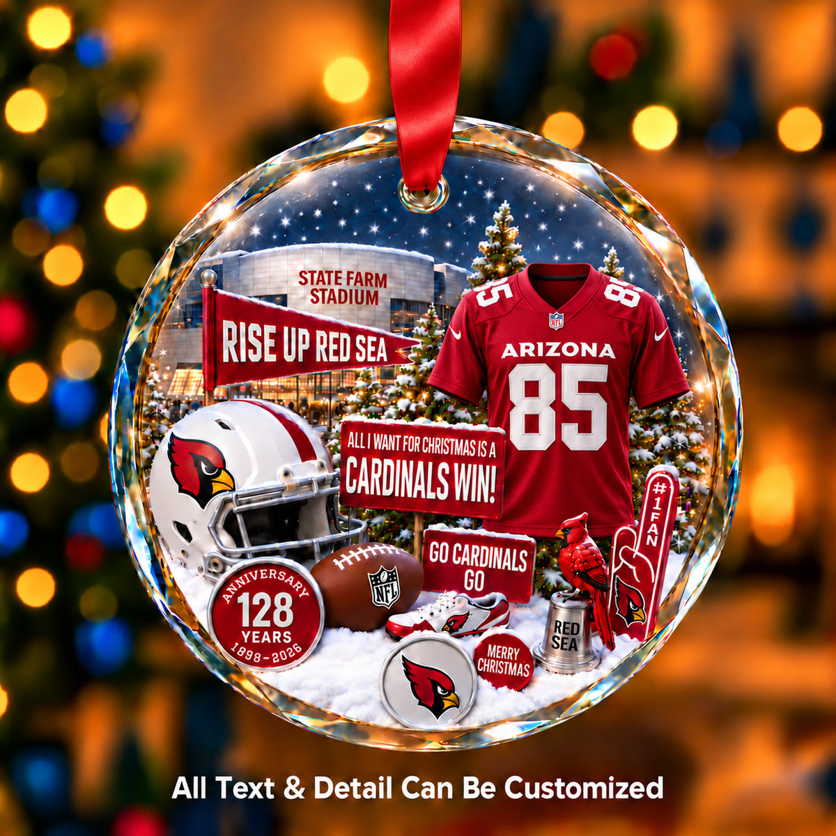Arizona Cardinals Jersey Snow Globe Glass Ornament
