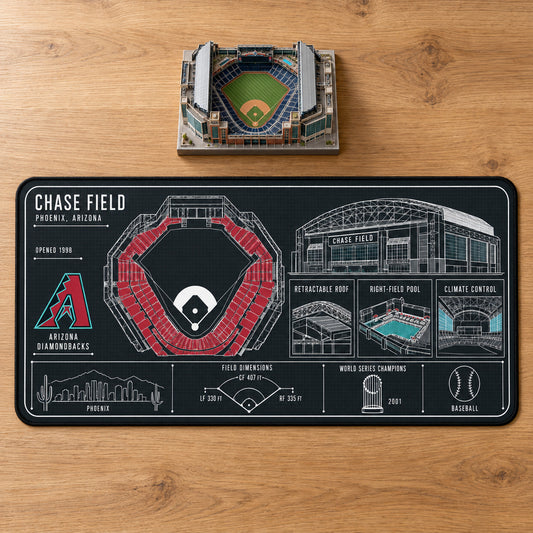 Arizona Diamondbacks Chase Field blueprint desk mat, 16" x 32", on a wooden desk with a decorative stadium model