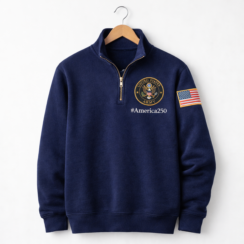 Sudadera premium con cuello con cremallera America 250, logotipo bordado del aniversario de los Veteranos del Ejército de EE. UU., suéter inspirado con cuello con cremallera, sudadera unisex