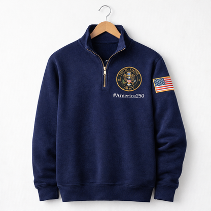 Sudadera premium con cuello con cremallera America 250, logotipo bordado del aniversario de los Veteranos del Ejército de EE. UU., suéter inspirado con cuello con cremallera, sudadera unisex
