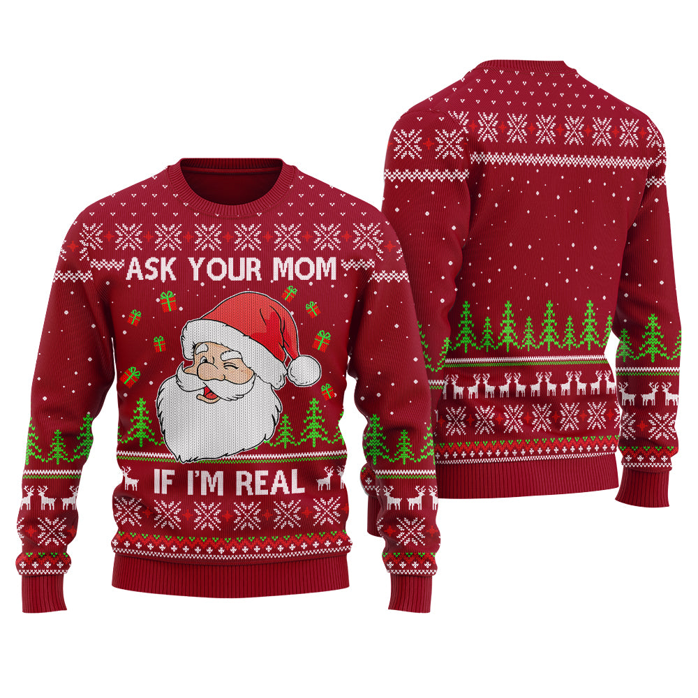 Ask Your Mom If I Am Real Ugly Christmas Sweater Cardinal Red