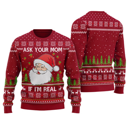 Ask Your Mom If I Am Real Ugly Christmas Sweater Cardinal Red