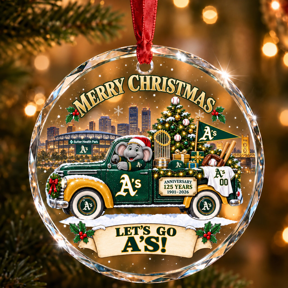 All Baseball Teams Christmas Truck Round Glass Ornament  With Red Gift Box | 5to9vibe