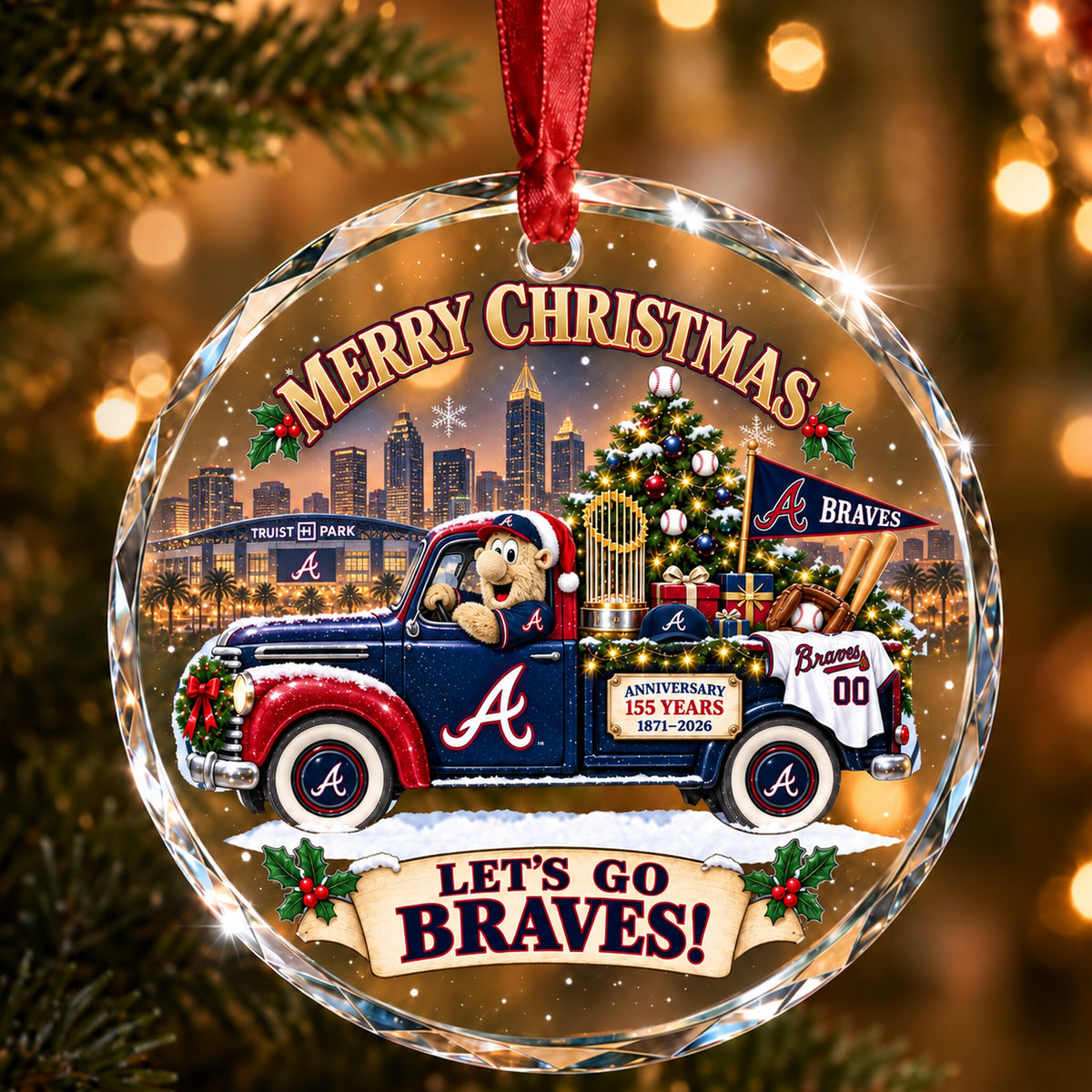 All Baseball Teams Christmas Truck Round Glass Ornament  With Red Gift Box | 5to9vibe