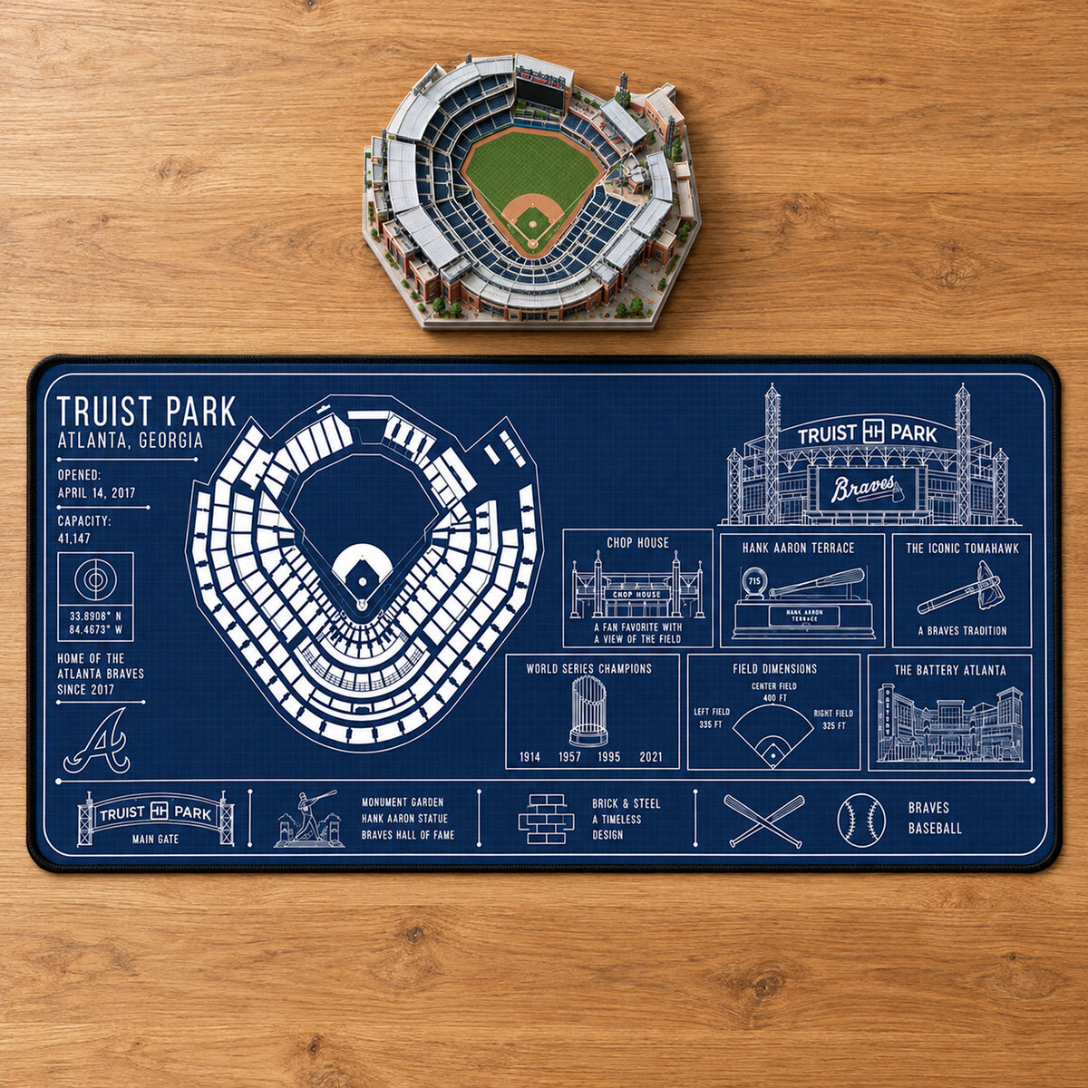 Atlanta Braves Truist Park blueprint desk mat, 16" x 32", on a wooden desk with a decorative stadium model