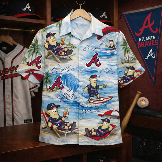 AB Baseball Mascot Beach Viber With Player Signature  Button-Up Unisex Hawaiian Shirt For Men & Women