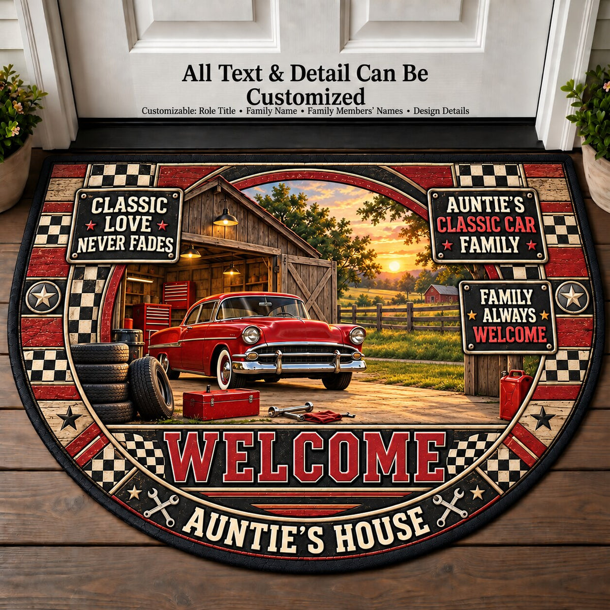 Auntie's Classic Car Family Personalized Half Round Mat | 5To9Vibe