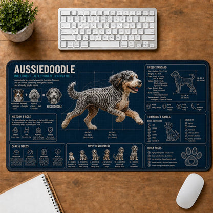Aussiedoodle Dog Breed Visual Guide Desk Mat | 5To9Vibe