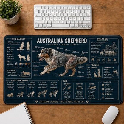 Australian Shepherd Dog Breed Visual Guide Desk Mat | 5To9Vibe