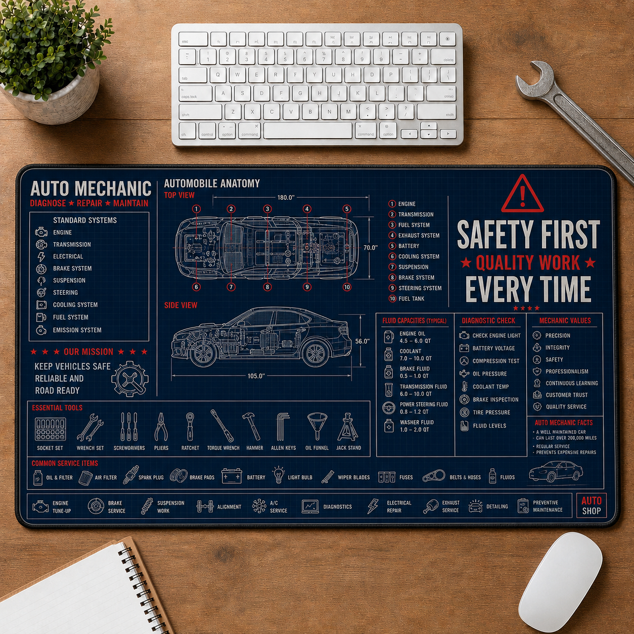 Auto Mechanic Blueprint Large Desk Mat - Car Engine & Garage Tools Plus Size Mouse Pad - 5to9vibe