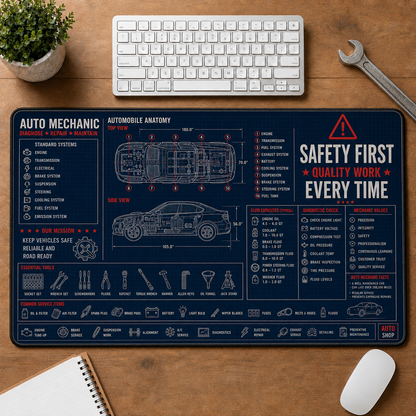 Auto Mechanic Blueprint Large Desk Mat - Car Engine & Garage Tools Plus Size Mouse Pad - 5to9vibe