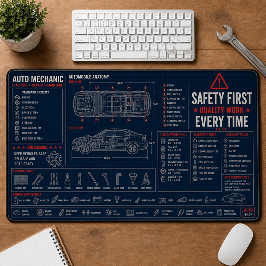Auto Mechanic Blueprint Large Desk Mat - Car Engine & Garage Tools Plus Size Mouse Pad - 5to9vibe