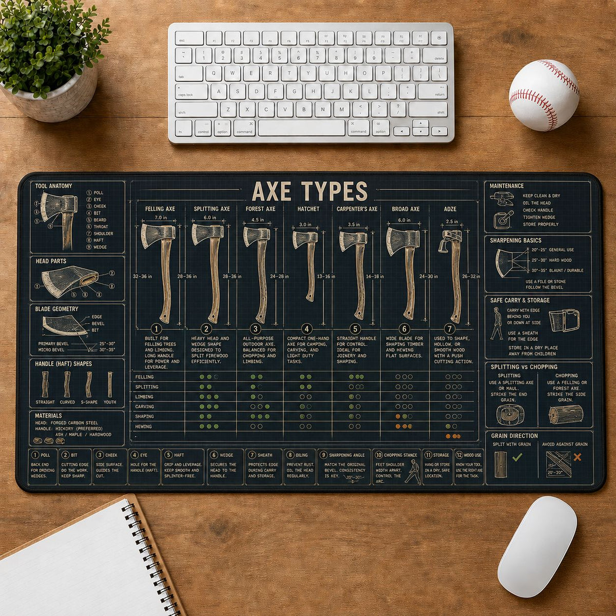 Axe Types Outdoor Skills Field Guide Desk Mat | 5To9Vibe