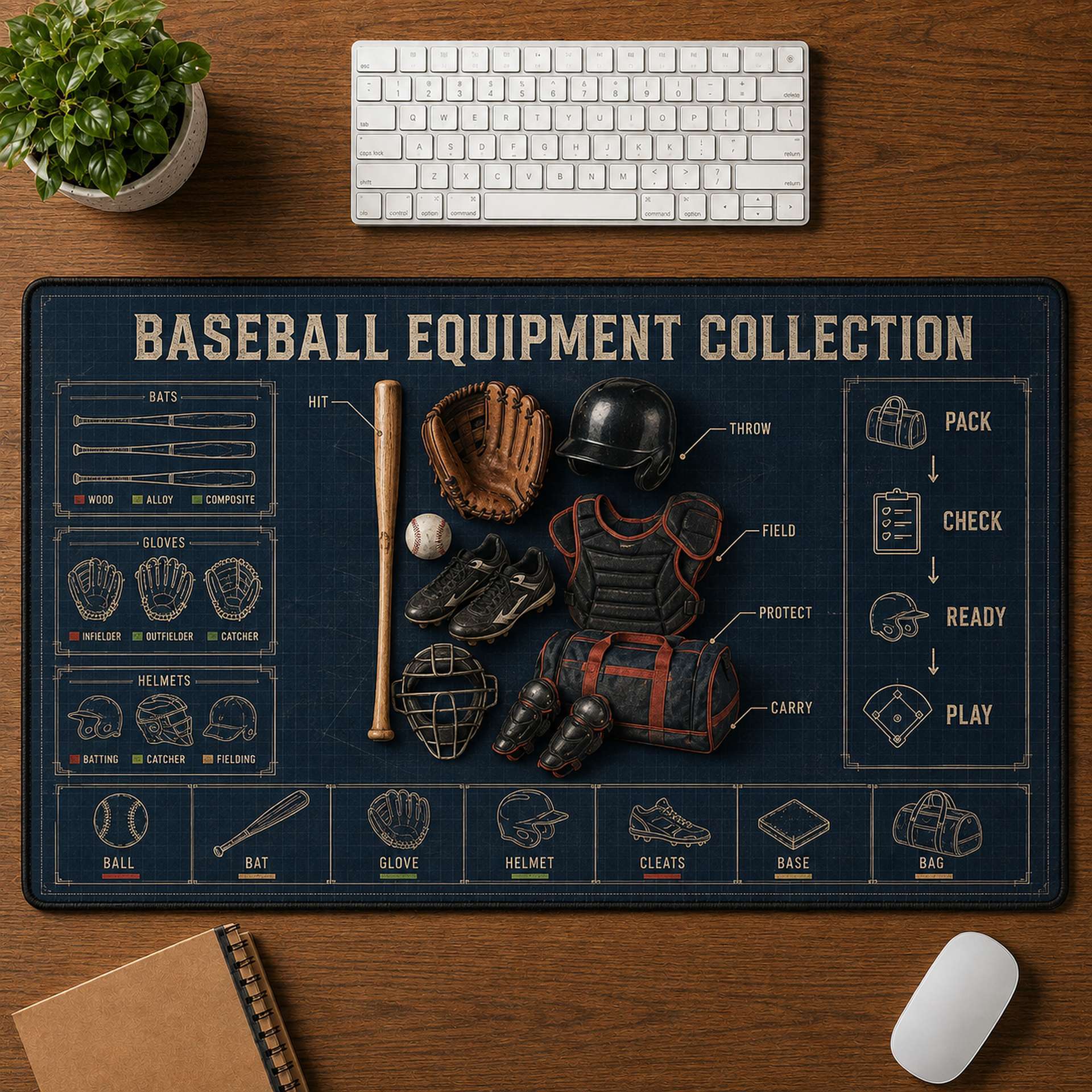 Baseball Equipment Collection Blueprint Desk Mat | 5To9Vibe