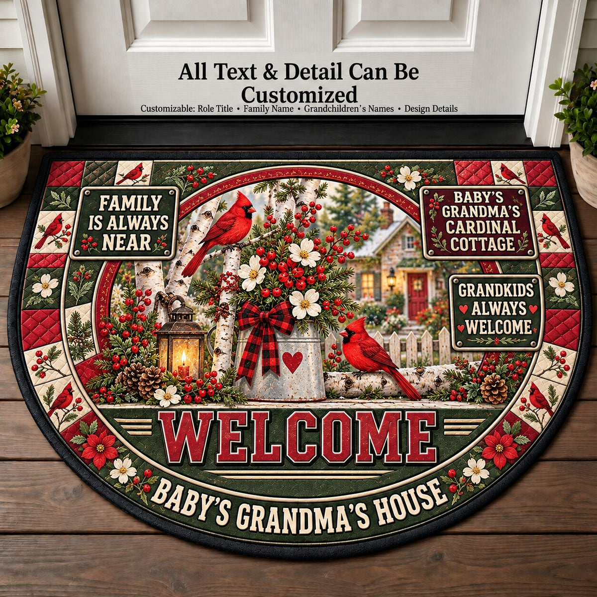 Baby's Grandma's Cardinal Cottage Personalized Half Round Mat | 5To9Vibe