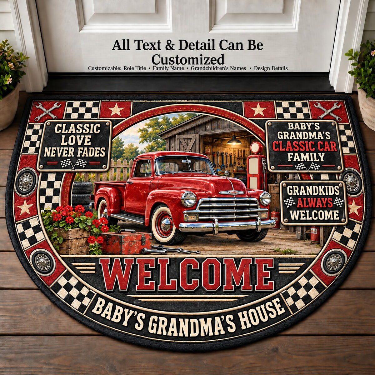 Baby's Grandma's Classic Car Family Personalized Half Round Mat | 5To9Vibe