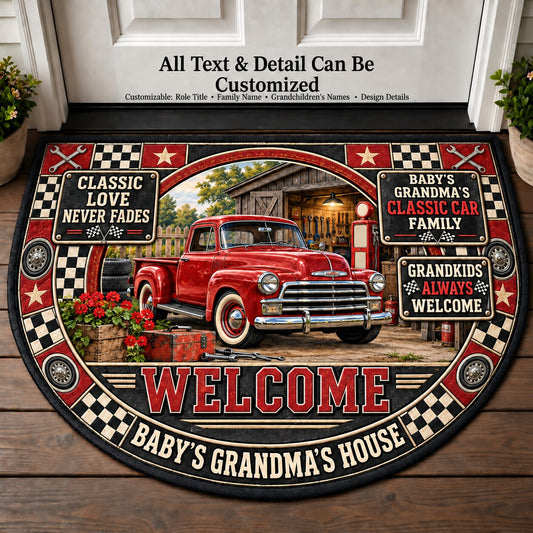 Baby's Grandma's Classic Car Family Personalized Half Round Mat | 5To9Vibe