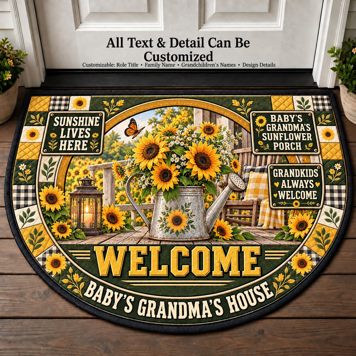 Baby's Grandma's Sunflower Porch Personalized Half Round Mat | 5To9Vibe