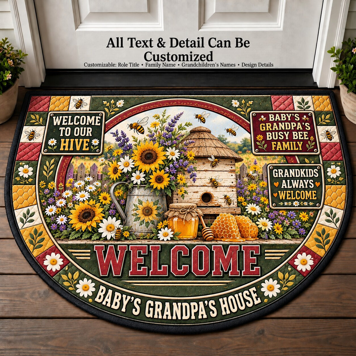 Baby's Grandpa's Busy Bee Family Personalized Half Round Mat | 5To9Vibe