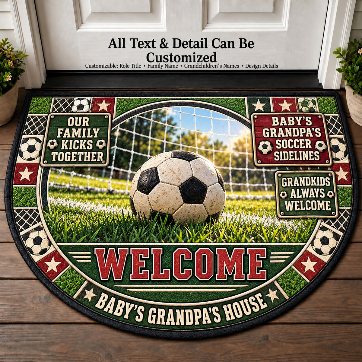 Baby's Grandpa's Soccer Sidelines Personalized Half Round Mat | 5To9Vibe