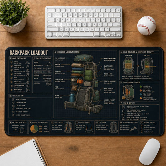 Backpack Loadout Outdoor Skills Field Guide Desk Mat | 5To9Vibe