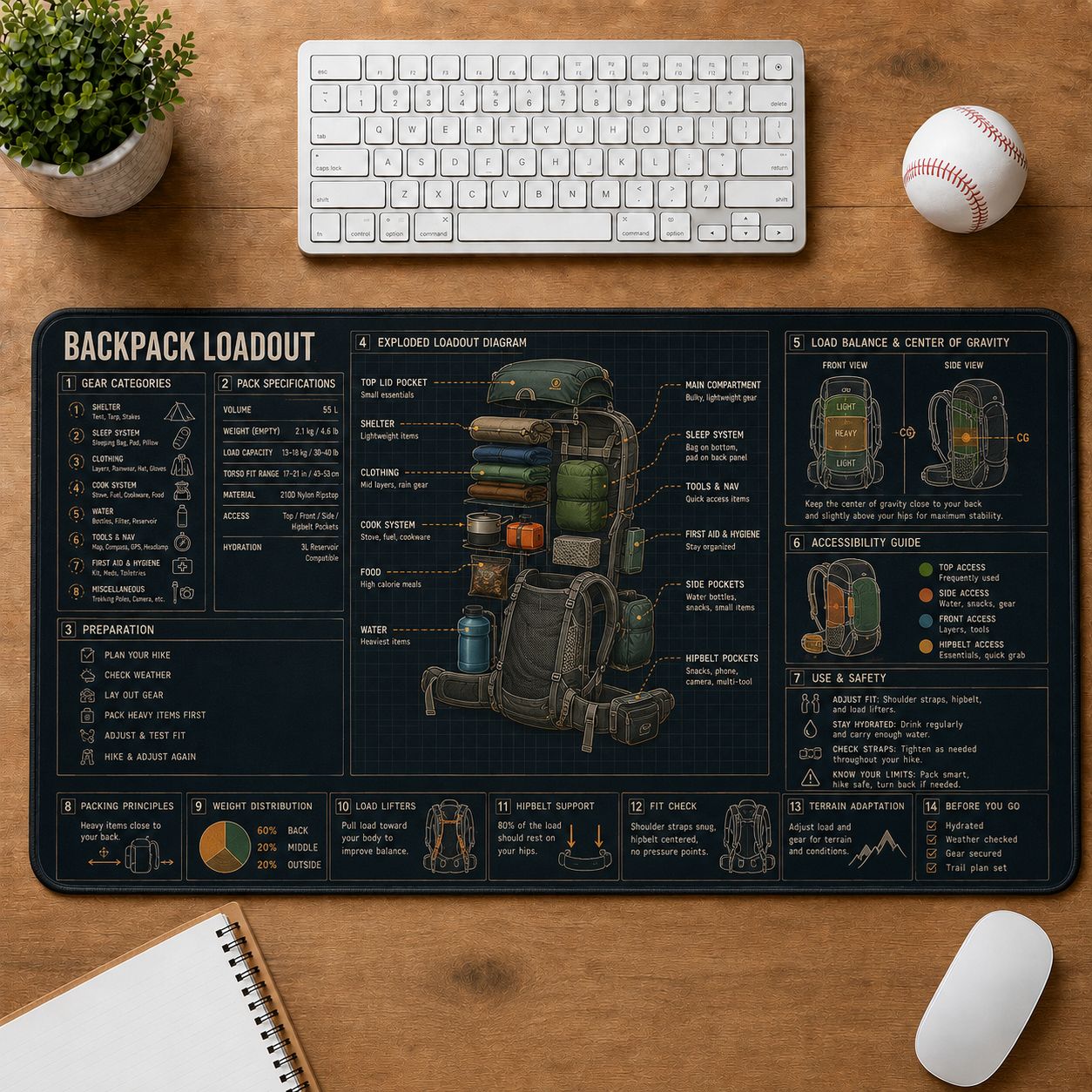 Backpack Loadout Outdoor Skills Field Guide Desk Mat | 5To9Vibe