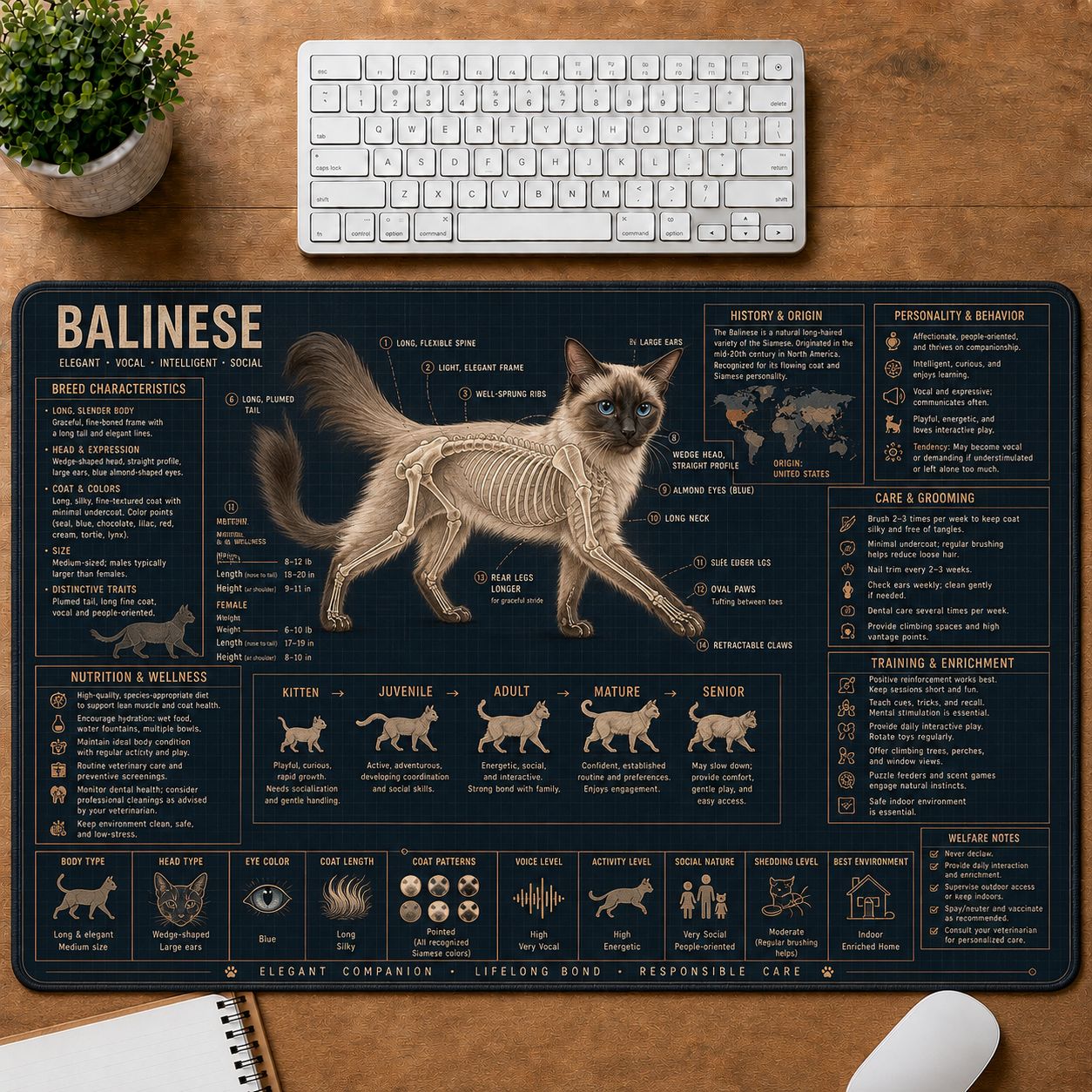 Balinese Cat Breed Desk Mat Anatomy Guide | 5To9Vibe