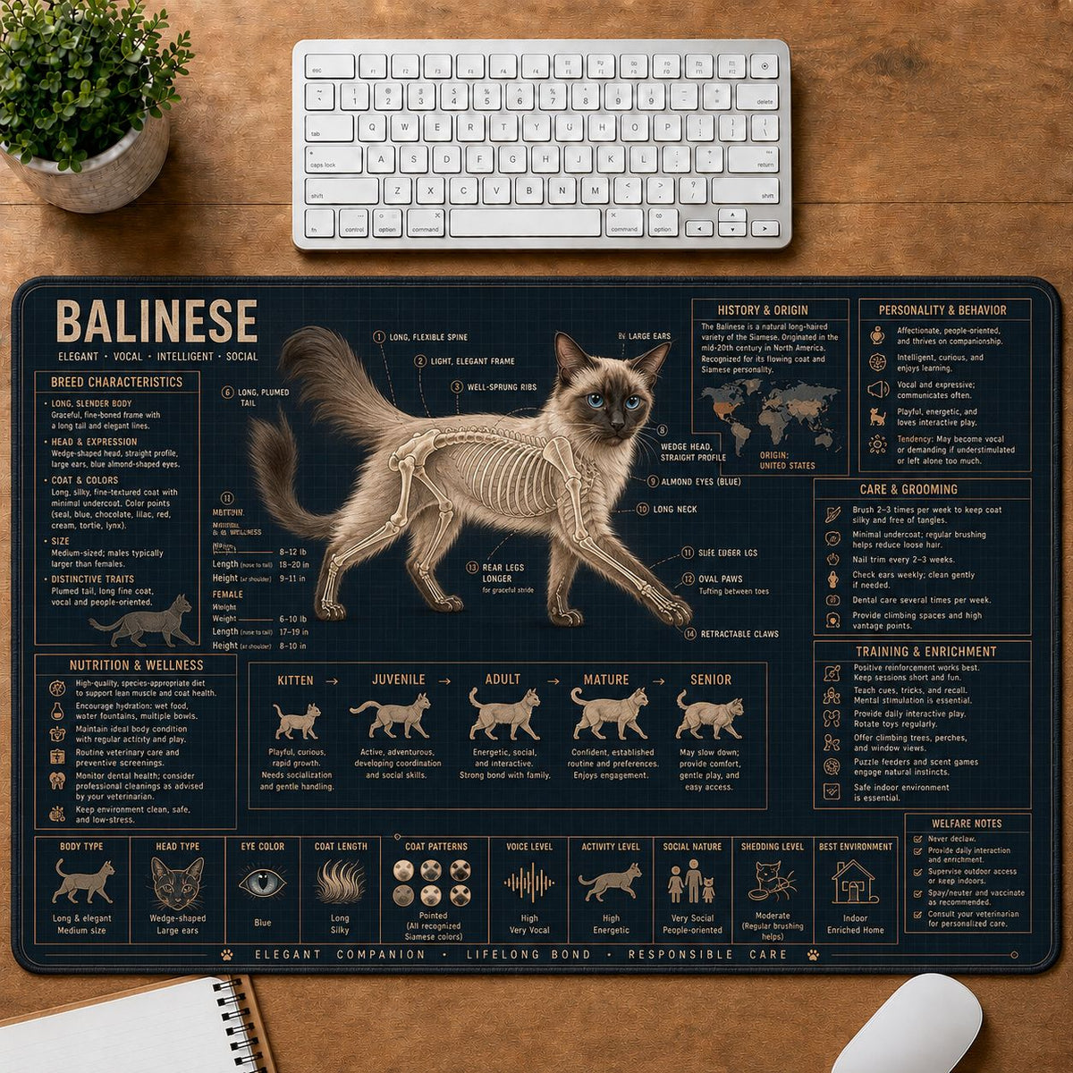 Balinese Cat Breed Desk Mat Anatomy Guide | 5To9Vibe