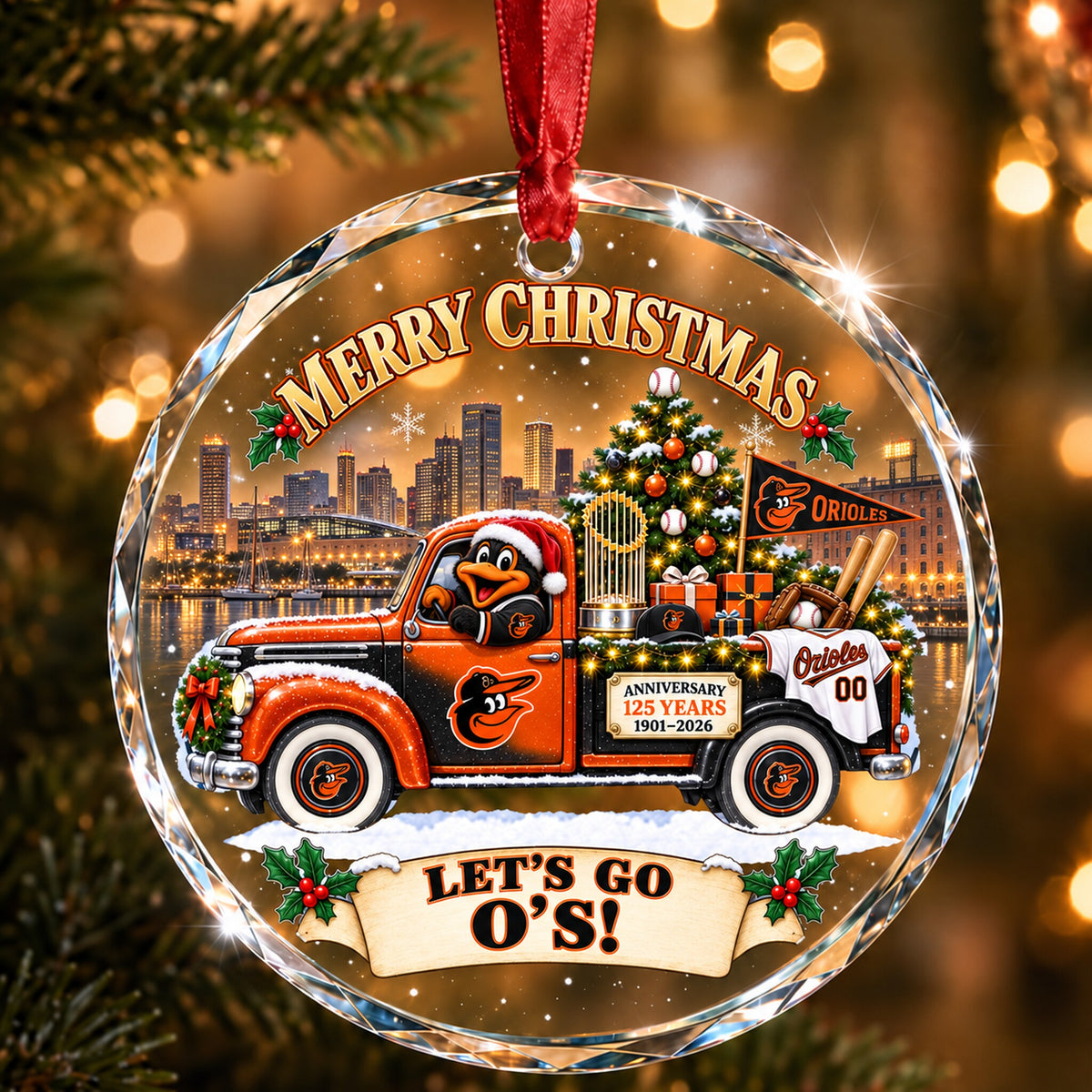All Baseball Teams Christmas Truck Round Glass Ornament  With Red Gift Box | 5to9vibe