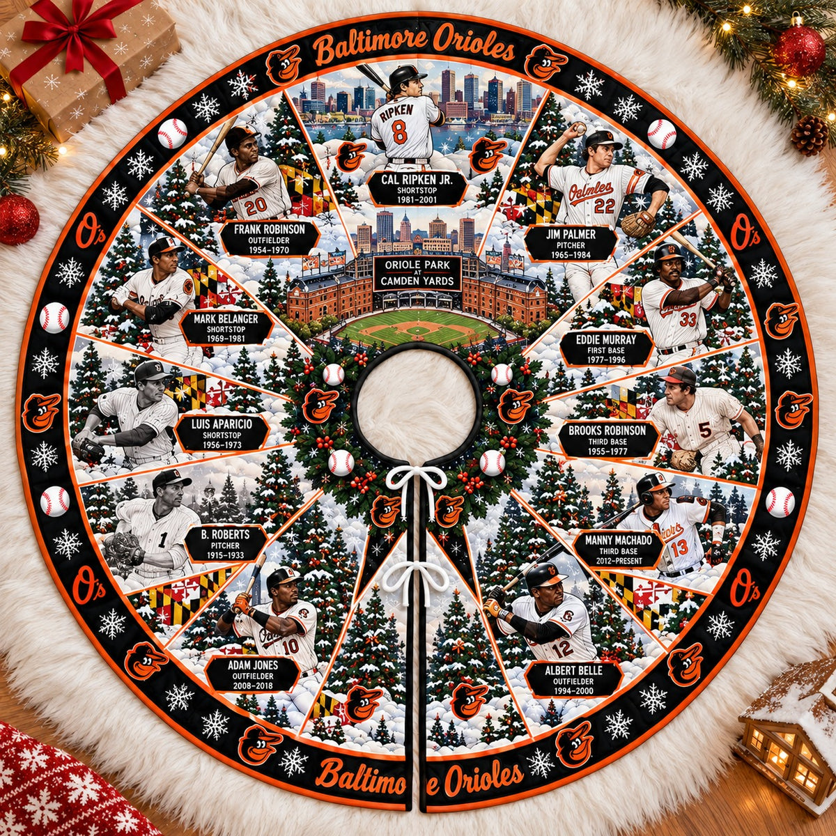 All Baseball Teams Vintage Players & Stadium Holiday Quilt Christmas Skirt Tree for Baseball Fans - 5To9Vibe