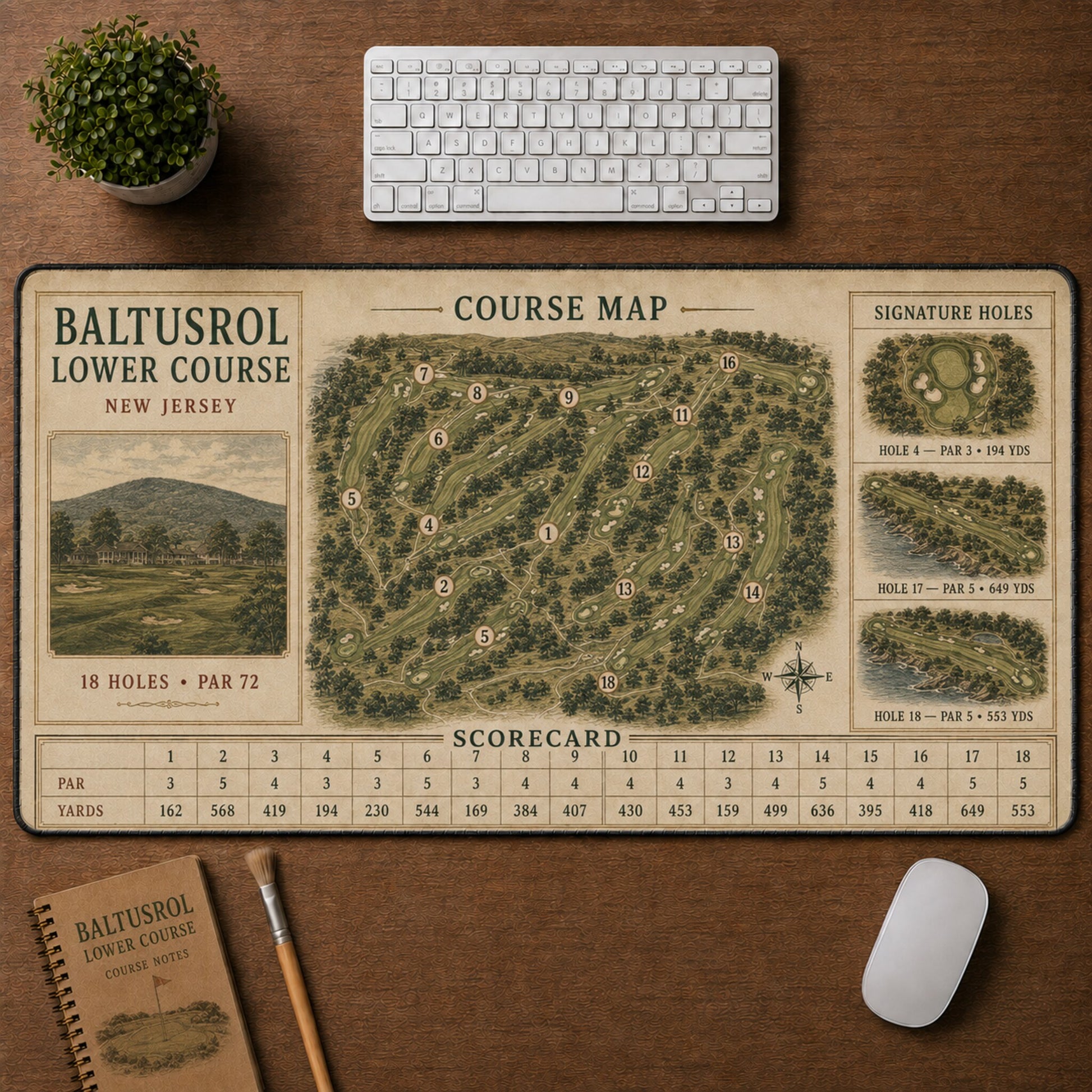 Baltusrol Lower Course Vintage Golf Course Map & Scorecard Guide Desk Mat | 5To9Vibe