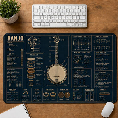 Banjo Musical Instrument Blueprint Guide Desk Mat | 5To9Vibe